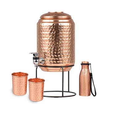 Hammered Design Copper Dispenser / Matka / Pot / Container / Tank for Water Storage (5 Litre with 2 Glass & Stand)