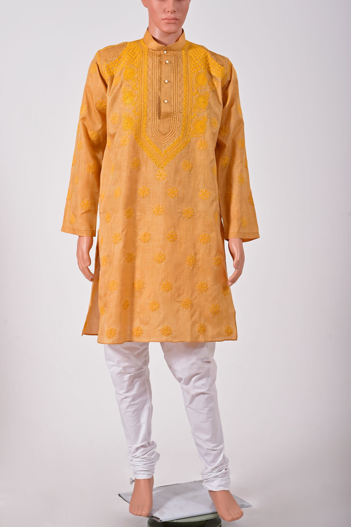 Men's New Yellow Colour Cotton Hand Chikankari Kurta