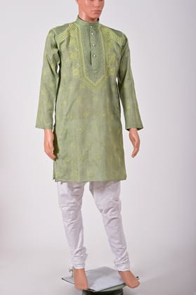 Men's New Green Colour Cotton Hand Chikankari Kurta