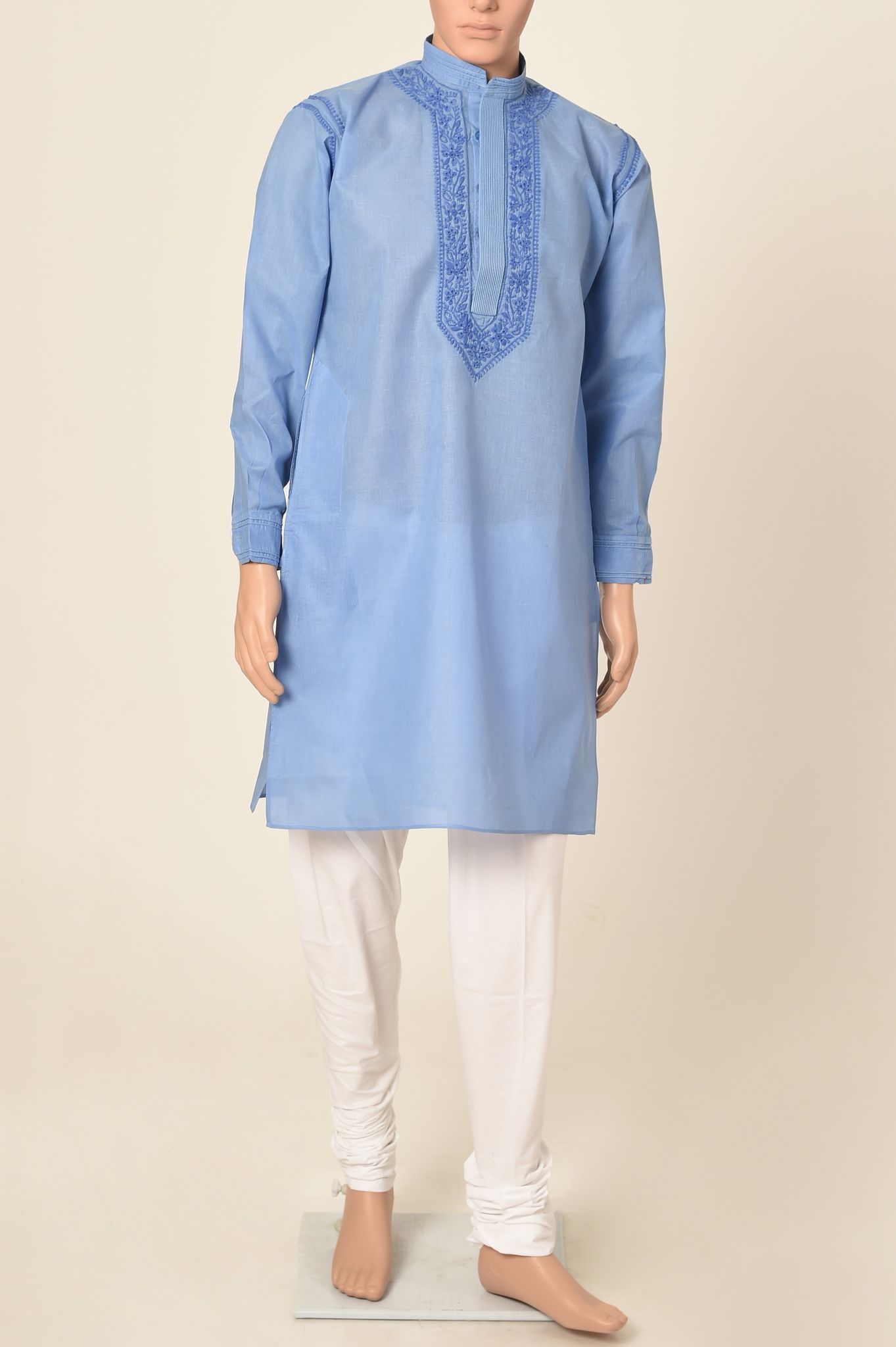 Men's New Blue Colour Cotton Hand Chikankari Kurta