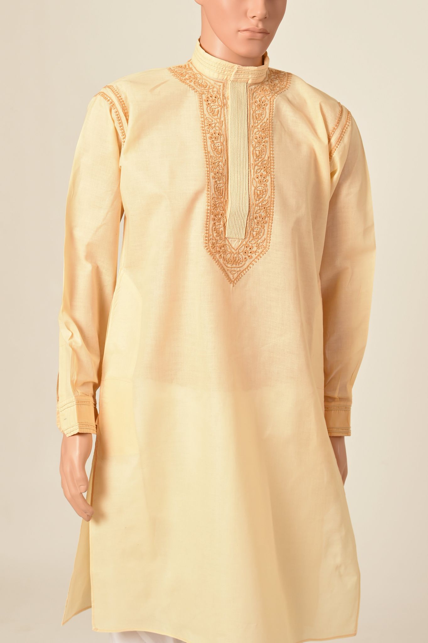 Men's New Beige Colour Cotton Hand Chikankari Kurta