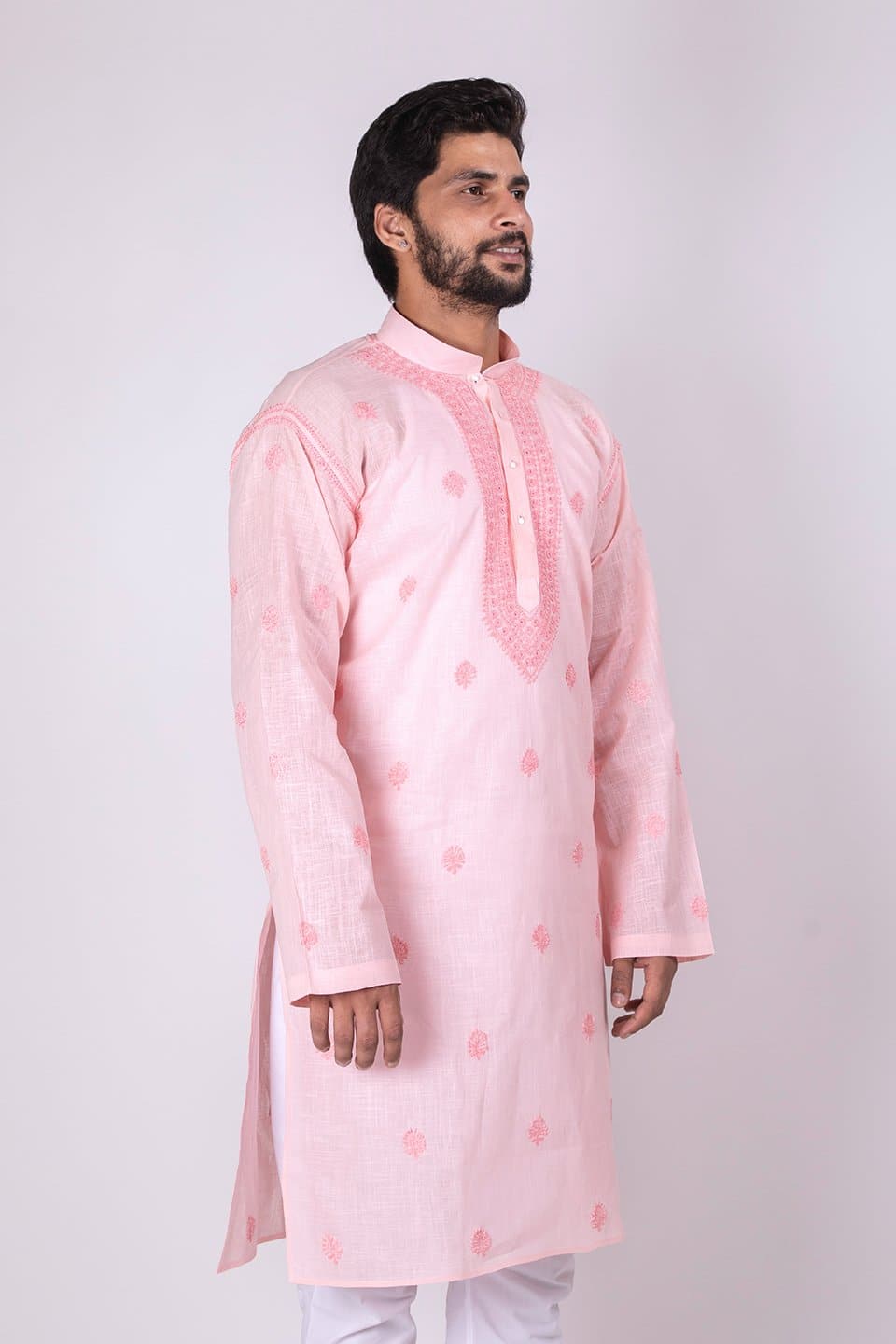 Men's New Pink Colour Cotton Hand Chikankari Kurta