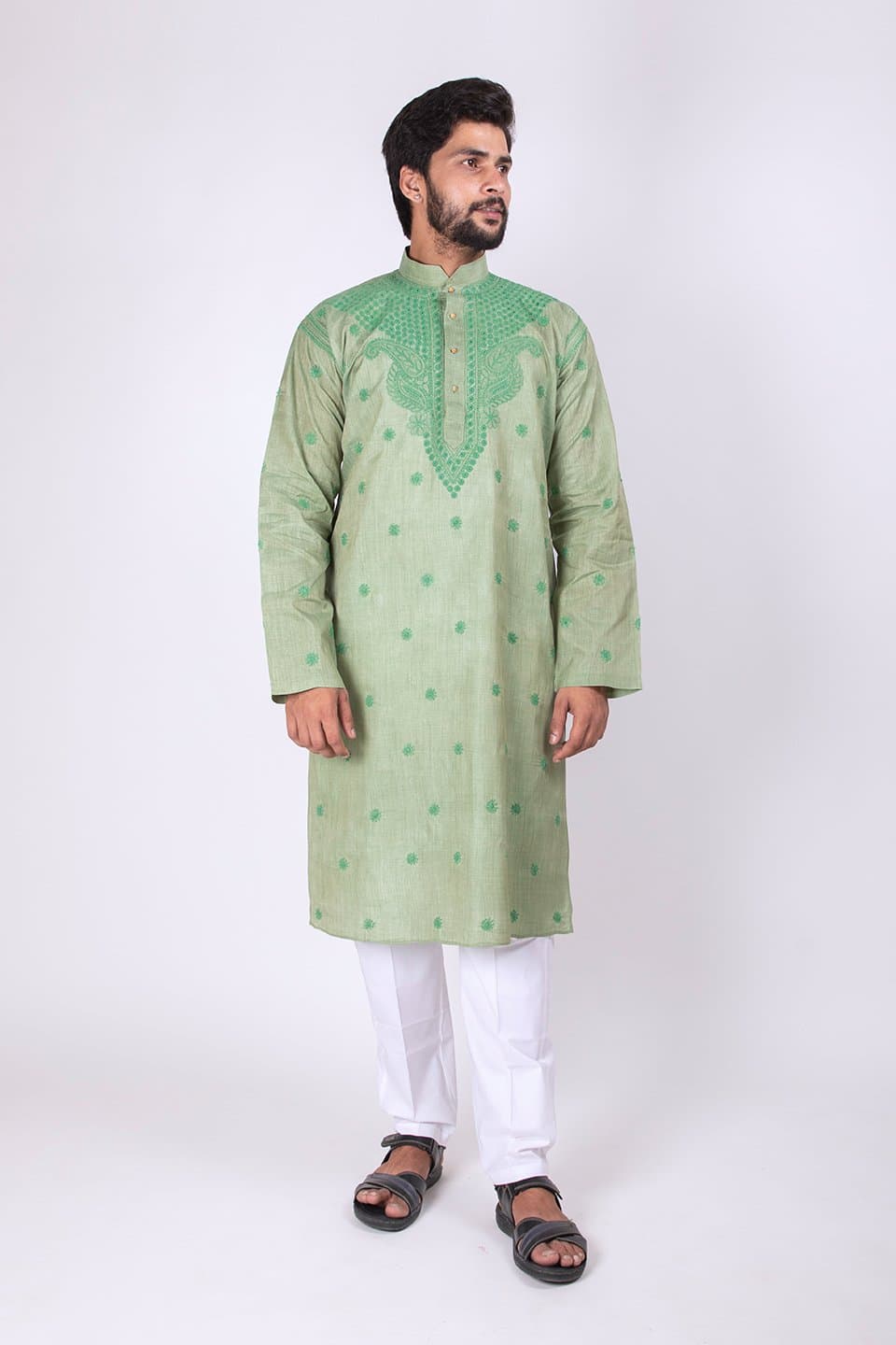 Men's New Green Colour Cotton Hand Chikankari Kurta