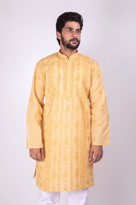 Men's New Mustard Colour Cotton Hand Chikankari Kurta