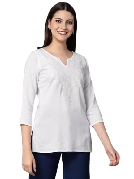 Women’s Chikankari Faux Georgette White Cotton Short Shirt Style Kurta