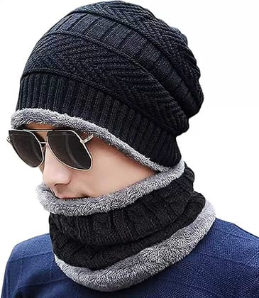 Ultra Soft Unisex Woollen Beanie Cap Plus Neck Warmer Muffler Scarf Set for Men Women Girl Boy - (Inside Fur) Warm, Snow Proof Knit Hat Thick Fleece Lined Winter Hat