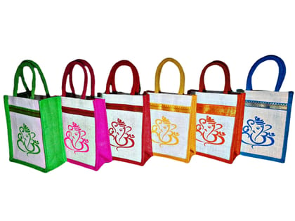 SS Eco-Life Eco-Friendly Jute Bag for Return Gift / Thamboolam Bag with Divine God Ganesh Print for Engagement, Wedding, Baby Shower, Housewarming and Pooja's like Navaratri & Varalakshmi Vratham. Multicolour.