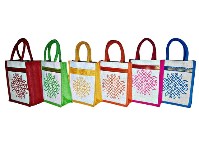 SS Eco-Life Eco-Friendly Jute Bag for Return Gift / Thamboolam Bag with  Kolam / Muggu / Rangoli Print for Engagement, Wedding, Baby Shower,  Housewarming and Pooja's like Navaratri & Varalakshmi Vratham. Multicolour.