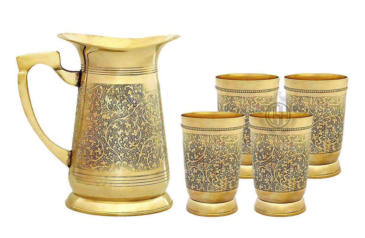 Brass Embossed Engraved Design Jug & Glass Set for Serving Water with 6 Brass Glasses & 1 Jug for Home Decor Drinkware & Tableware (6+1) (1 Jug with 4 Glass)