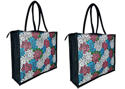 SS Eco-Life Jute Environment Friendly Shopper Bag / Grocery Bag / Market Bag / Multipurpose Bag for Men and Women with Colourful Flowers Print. 2 Piece Combo.