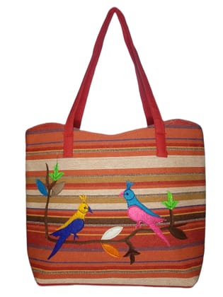 SS Eco-Life Oxford Jute Handbag for Women - Ideal for Office, Travel, and Shopping with Double Bird on Tree Design on Stripline Pattern Woven Fabric.