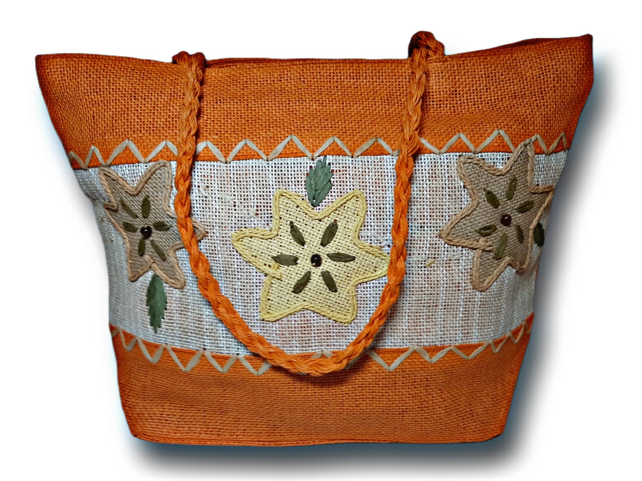 SS Eco-Life Light Weight Jute Tote Handbag for Women.  Multicolour star flower Hand stitched and added decorative beads design.