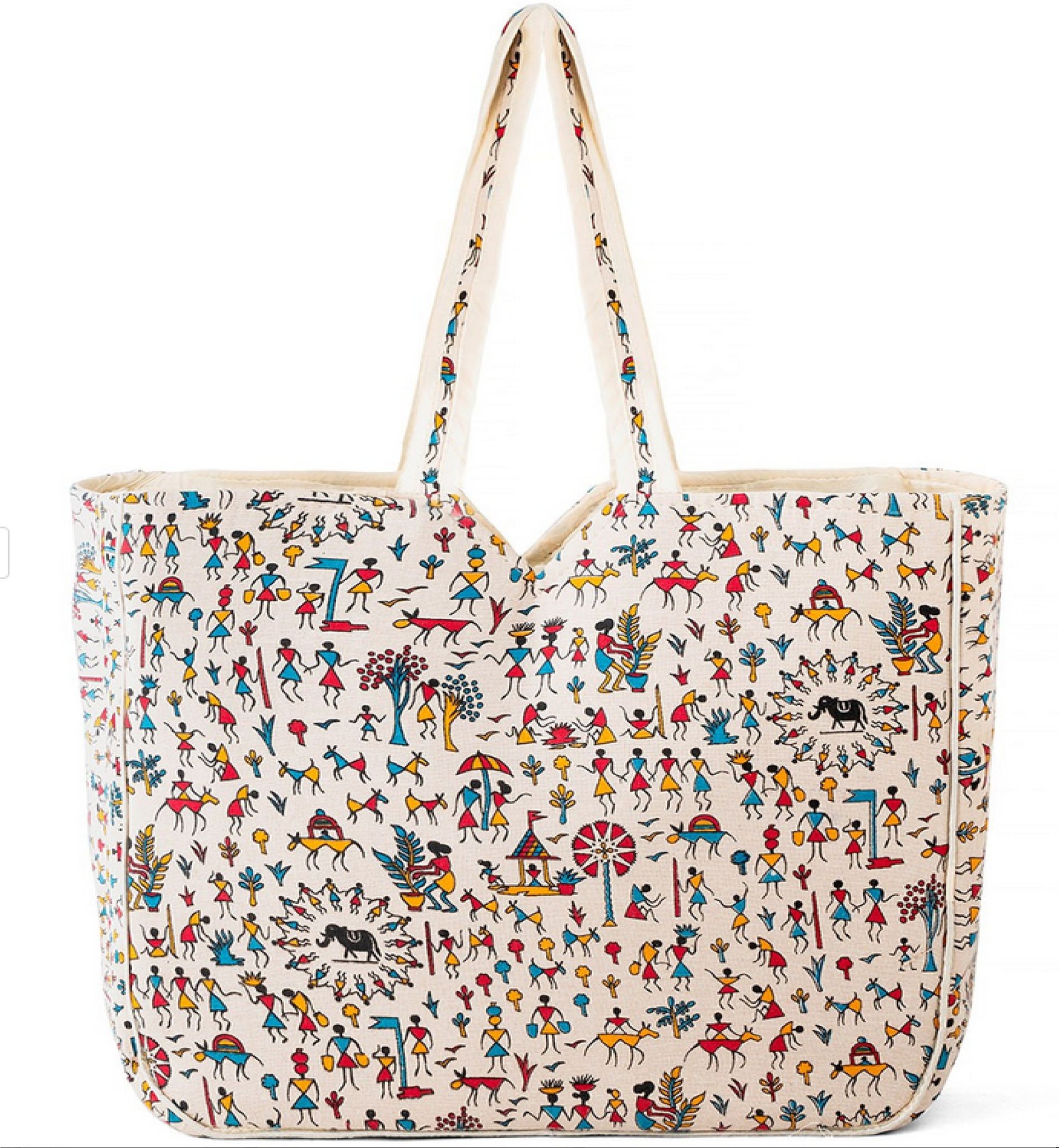 SS Eco-Life Pure Cotton Handbag for Women - Extra Spacious - Perfect for Moms on the Go - Ideal for Baby Day Outs, Travel and Shopping - Vibrant Warli Print Design.