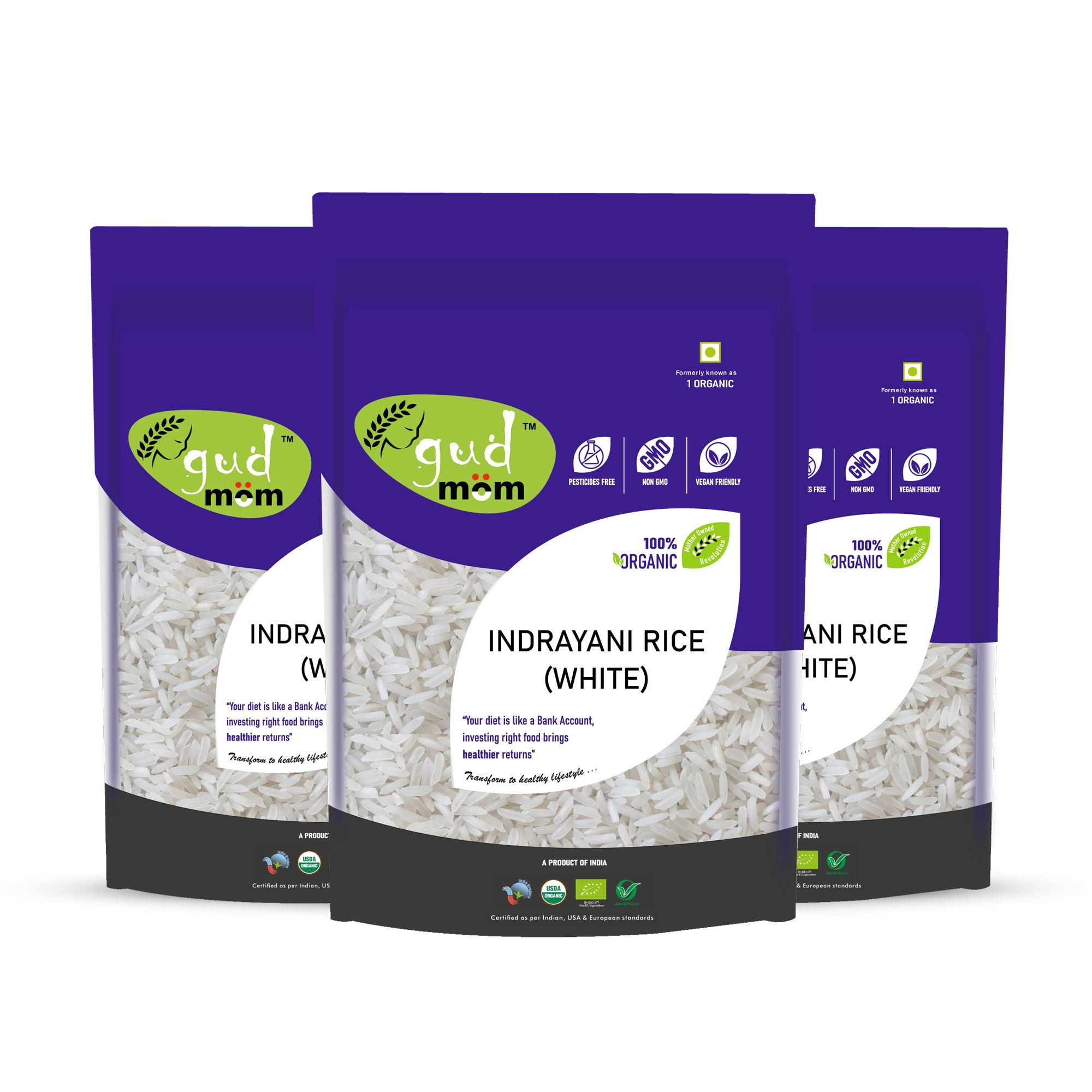 Gudmom Organic White Indrayani Rice 1 Kg  ( Pack Of 3 )