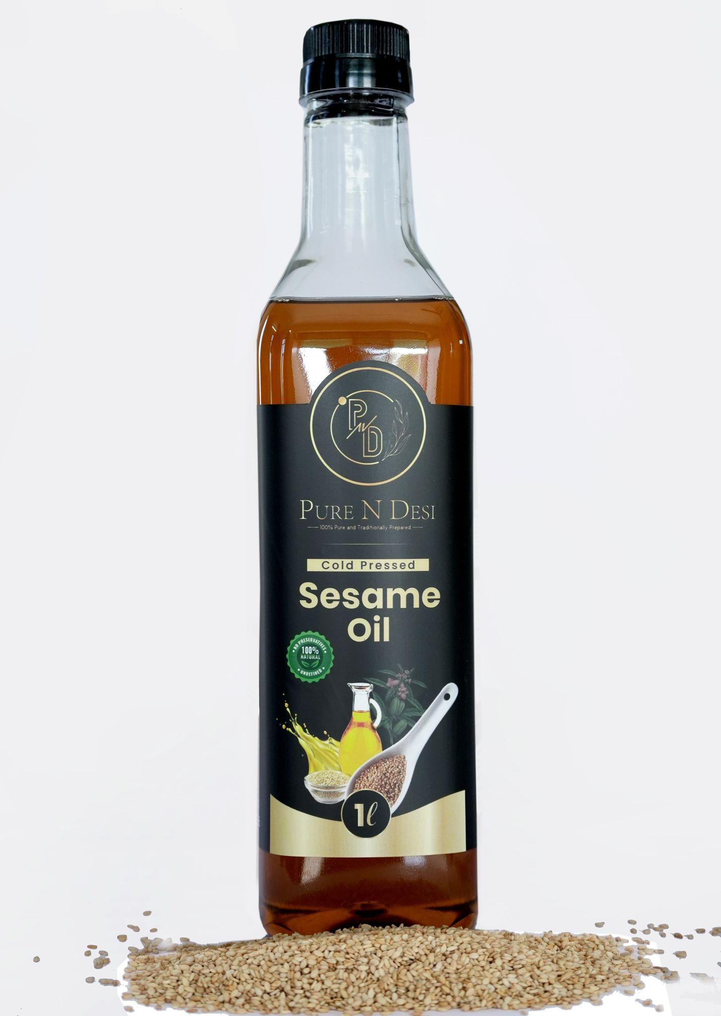 PURE N DESI Cold Pressed Sesame Oil | Gingelly Oil| Til Ka Tel | Wood Pressed Sesame Oil for Cooking - 1 Litre Bottle