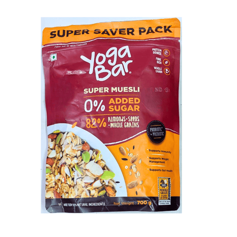 Yogabar Super Muesli, No Added Or Hidden Sugar, Breakfast Muesli With  Probiotics & Prebiotics, 82% Almonds + Whole Grains + Chia Seeds + Flax  Seeds