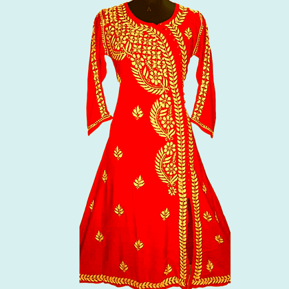 Chikankari Long Length Red Angrakha Kurti Orange Kurta with Yellow Embroidery