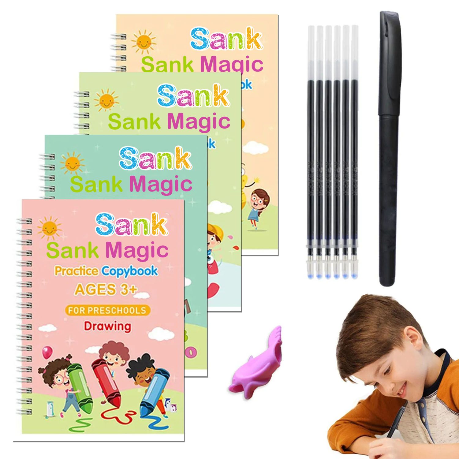 ZURU BUNCH Magic Practice Copybook with Pen and Refills for Preschoolers with Pen, Reusable Practice book for Kids, Learning Toy, Education Practice Copybook (4 Books, 10 Refills and 1 Grip)