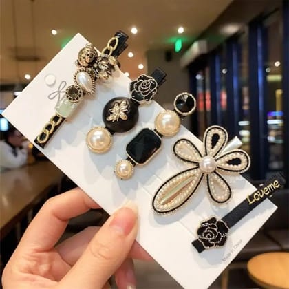 SBEAUTY Korean Fashion Style Pearl Rhinestone Metal Hair Clips Hair Pin Stylish Hair Accessories For Women's And Girls, Black And White 5 Count (Pack of 1)