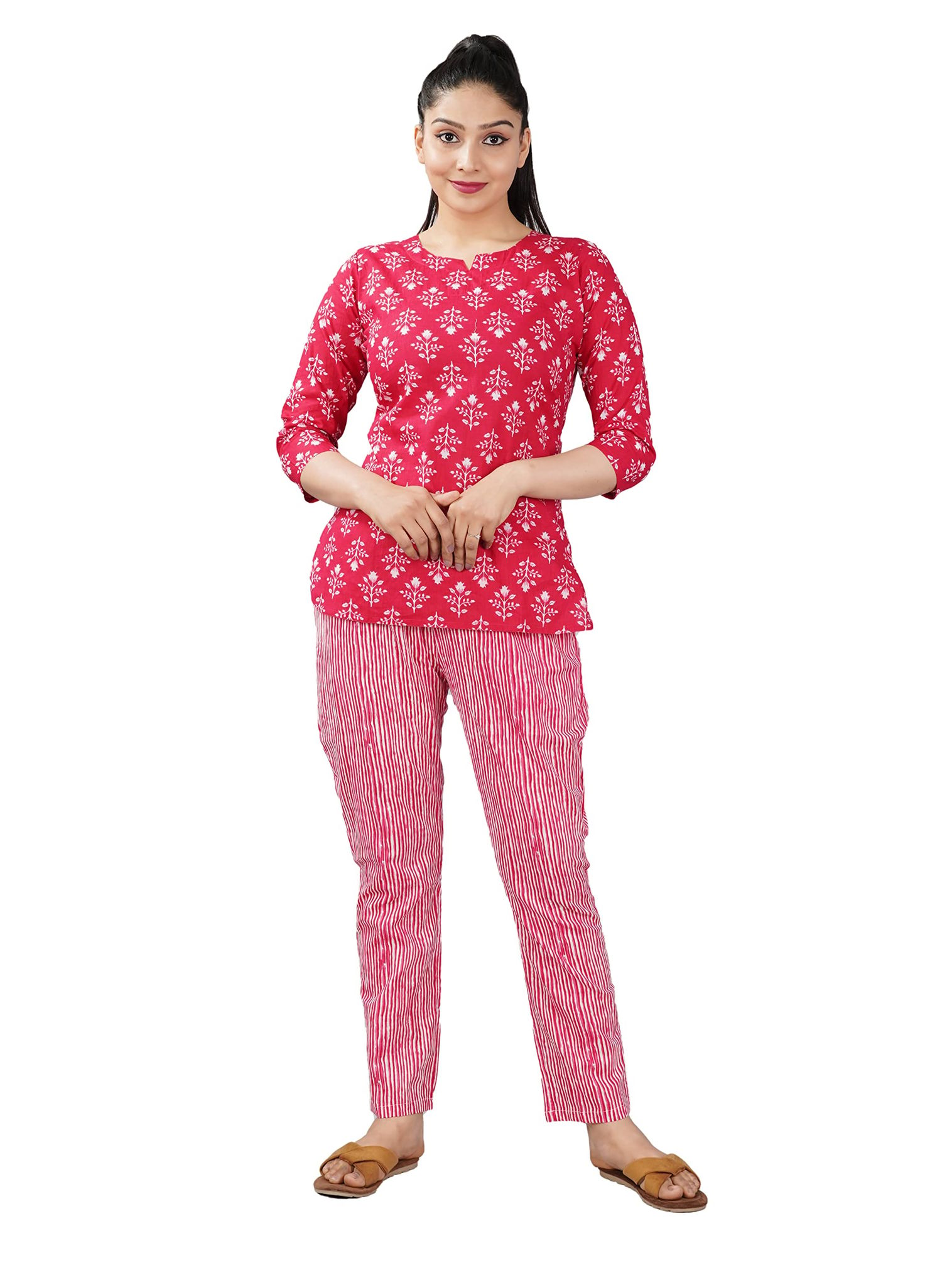 Women's Cotton Night Suit Pyjama Set Floral Printed Notch Neck