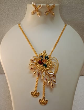 Purabi Jewels Gold-Plated Shell Meenakari Multicolour Peacock Design Tie Chain Necklace Jewellery Set for Women and Girls