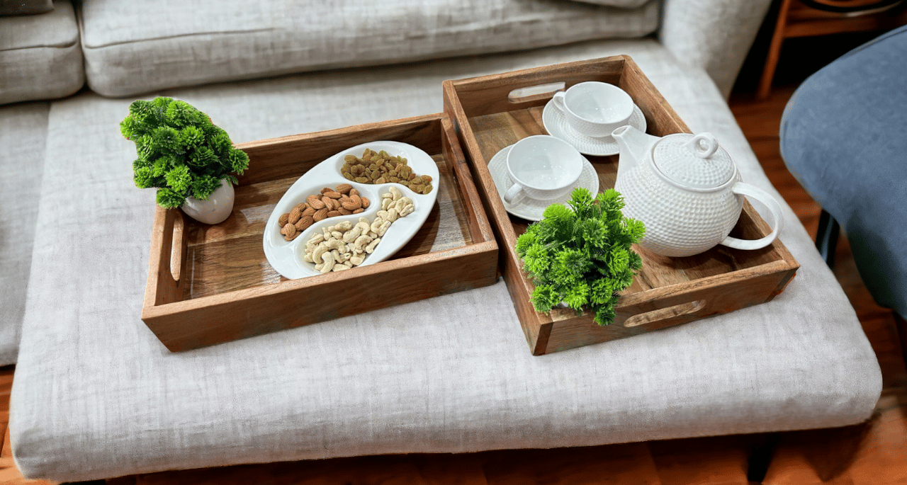 Dwisha Wooden Serving Trays Modern Style With Cutout Handle Large and Medium Wooden Trays For Breakfast - Natural Wood And Brown