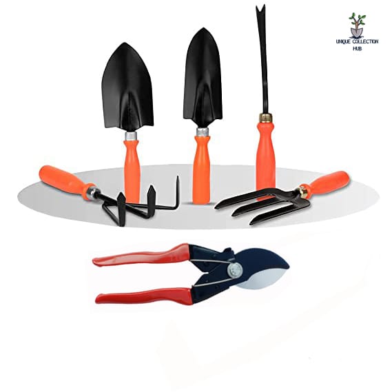 Pruner, Big and Small Trowel, Cultivator, Fork, iWeeder Garden Tool Kit (6 Tools)