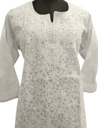 Off White Cotton Chikankari Short Kurta