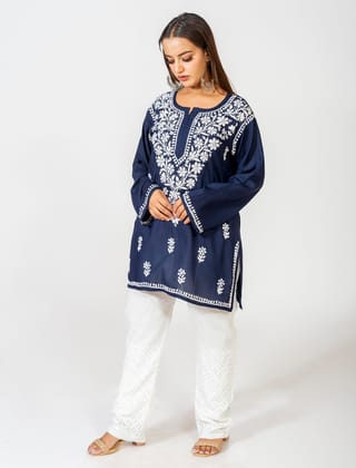 Ladies New Royal Blue Colour Fine Modal hand Chikankari Short Kurti