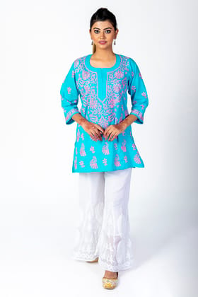 Ladies New Blue Colour Cotton Hand Chikankari Short Kurti