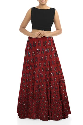 Garvi Gurjari Women Hand Ajrakh Block Print Mashru Silk Long Skirt