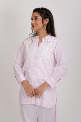 Ladies New Pink Colour Cotton Hand Chikankari Short Kurti