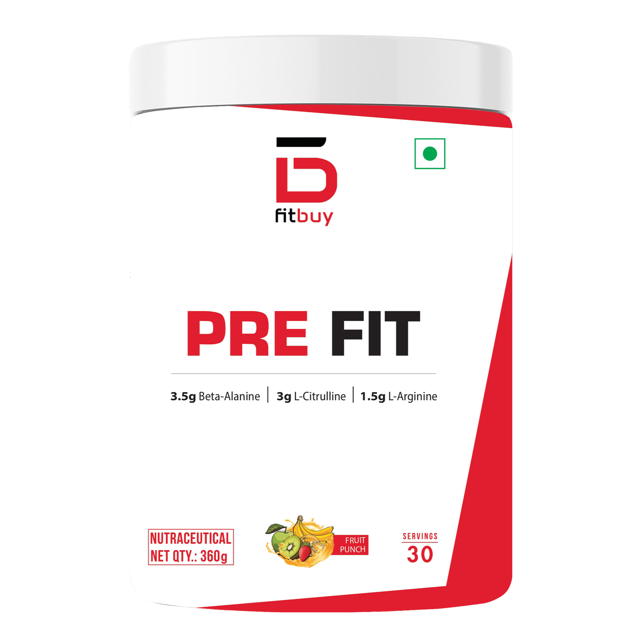 Fitbuy PreFit - Hardcore Pre-Workout 360g (Fruit Punch) Tested for Purity, Boost Performance, Intense Energy, 3500mg Beta Alanine, 3000mg Citrulline, 1500mg Arginine, 750mg creatine, 200mg Caffeine,  30 Serving