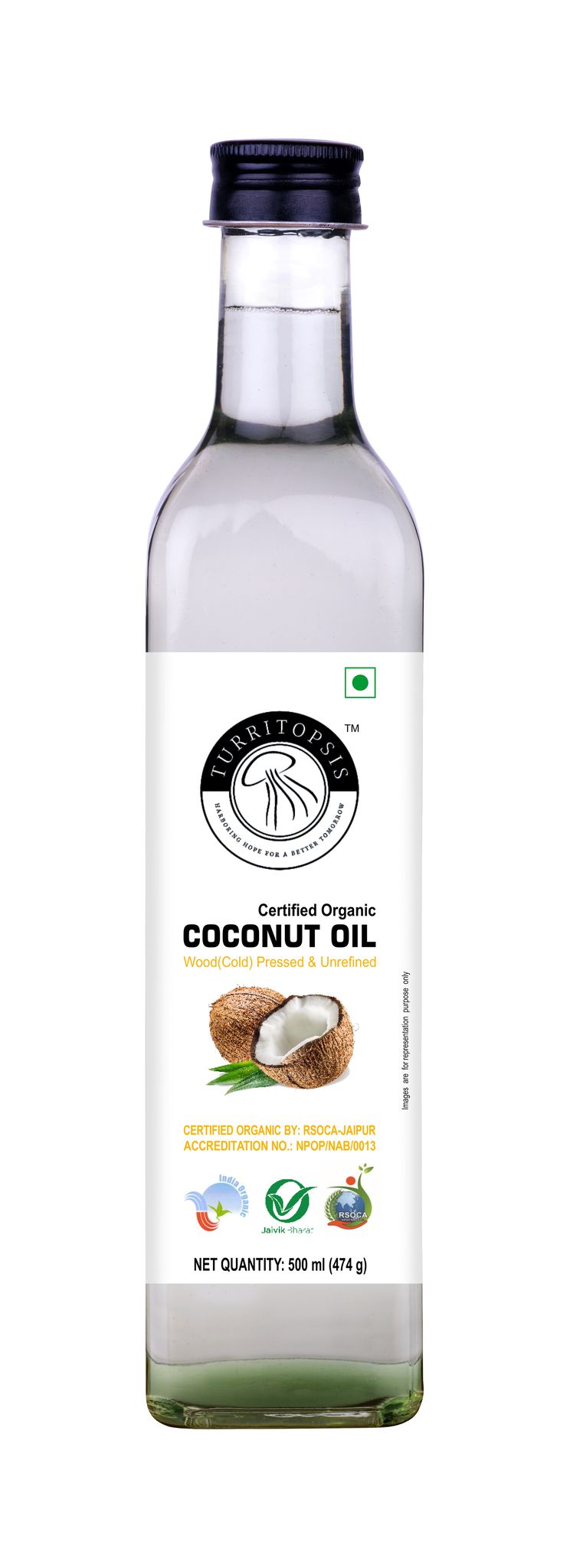 TURRITOPSIS Virgin Coconut Oil Certified Organic Cold Pressed Extracted by Chekku kachi Ghani Wood Pressed Unrefined Pure Natural Cooking Oil 500 ml Pack of 1