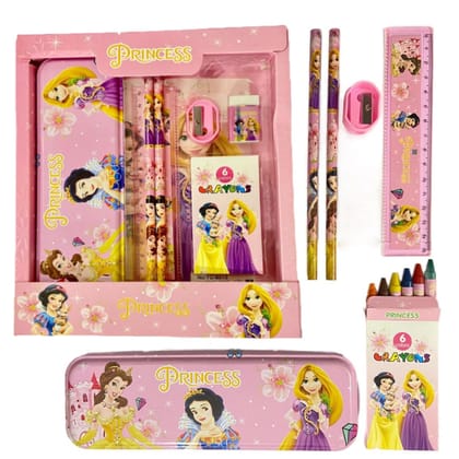 MANNAT 6 in 1 Stationary Kit for Girls Pencil Pen Book Eraser Sharpener-Stationary Kit Set for Girls/Birthday Gift,kid,(Pink Princess)