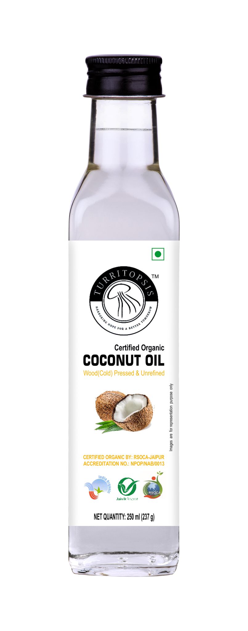 TURRITOPSIS Virgin Coconut Oil Certified Organic Cold Pressed Extracted by Chekku kachi Ghani Wood Pressed Unrefined Pure Natural Cooking Oil 250 ml Pack of 1