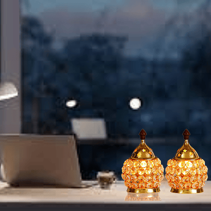 Decor Brass and Crystal Matki Shape Akhand Diya/Table Deepak/Oil Lamp/Medium Size (Pack of 2)