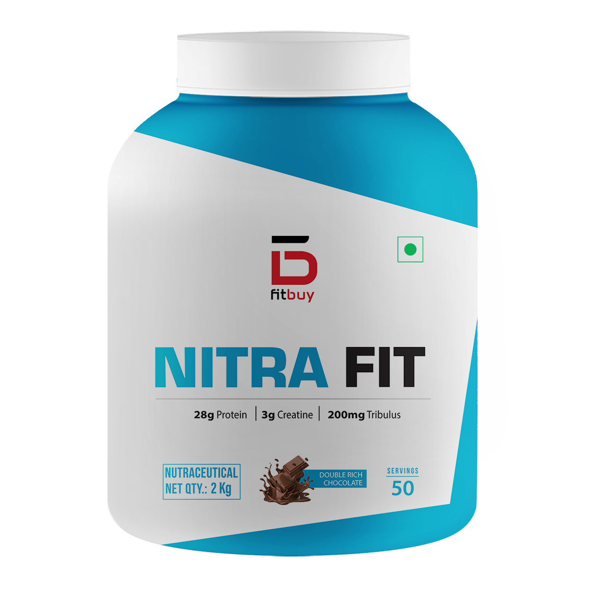 Fitbuy NitraFit Whey Protein 2kg (Double Rich Chocolate) with DigeZyme® For Easy Digestion, Tested for Purity, Easy Mixing, Muscle Growth, Muscle Recovery, Muscle Strength, 28g Protein, 3g Creatine Monohydrate, 220mg Ashwagandha & 200mg Tribulus