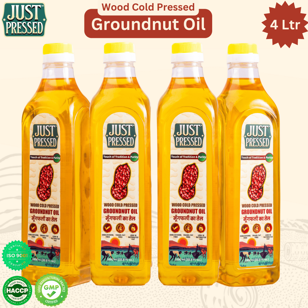 JustPressed Wood Pressed Groundnut Oil, Premium Cold Pressed Groundnut Oil, Pure & Natural Multipurpose Oil, Edible Cold Pressed Oil Extracted On Wooden Churner, 4L