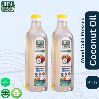 JustPressed Coconut Wood Pressed Oil (Chekku) Cold Pressed Coconut Oil, 100% Pure & Natural Untreated & Unrefined Coconut oil for Healthy Cooking | Kachi Ghani Oil | Wood Cold Pressed Oil | Coconut Oil - 2 L