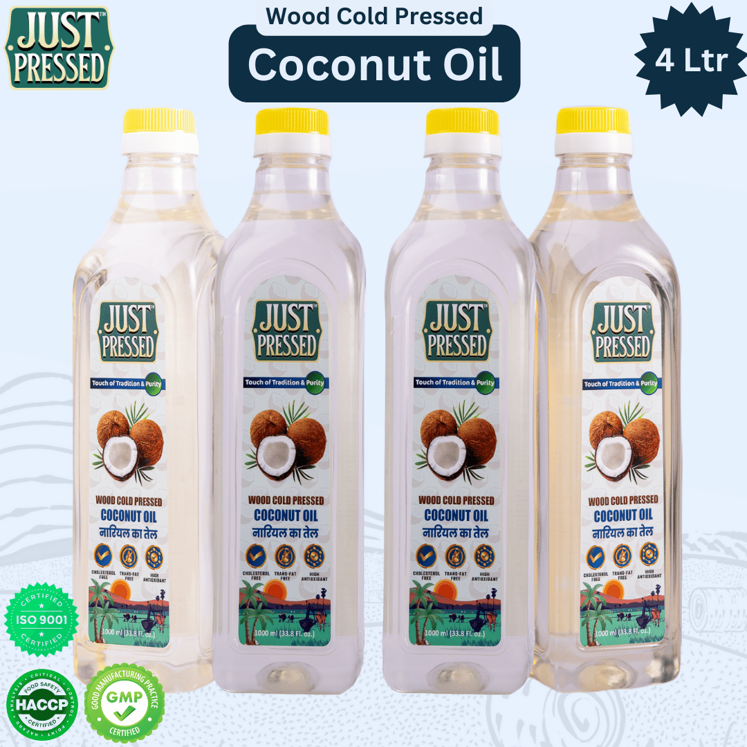 JustPressed Coconut Wood Pressed Oil (Chekku) Cold Pressed Coconut Oil, 100% Pure & Natural Untreated & Unrefined Coconut oil for Healthy Cooking | Kachi Ghani Oil | Wood Cold Pressed Oil | Coconut Oil - 4L