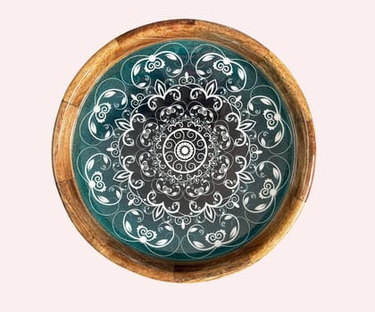 Wooden Tray Round Resin Coated Green Mandala Graphics