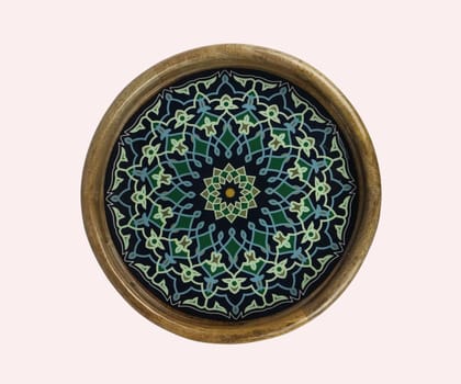 Wooden Tray Round Resin Coated Blue Mandala Graphics