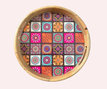 Wooden Tray Round Resin Coated Rangoli Graphics