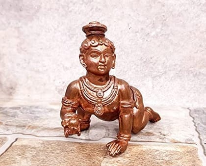 Searchers Paradise - Copper Idols ,4.1  inches, Copper Handmade  Bal Krishna with Laddu 860  Grams, Patina Antique Finish, Pack of 1 Piece