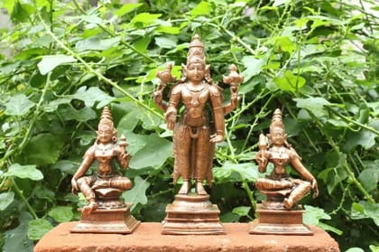 Searchers Paradise - Copper Idols Srinivasa Perumal with Sridevi Bhudevi,6.2 inches, Copper Handmade 1600  Grams, Patina Antique Finish, Pack of 1 Piece