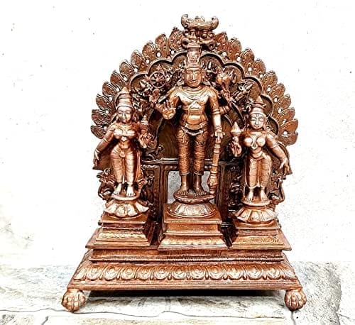 Searchers Paradise - Copper Idols Srinivasa Perumal with Sridevi and Bhudevi with Dasavadhara Prabhavali ,7.2 inches, Copper Handmade 1800 Grams, Patina Antique Finish, Pack of 1 Piece