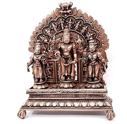 Searchers Paradise - Copper Idols Srinivasa Perumal with Sridevi and Bhudevi with Pabhavali,7 inches, Copper Handmade 1600 Grams, Patina Antique Finish, Pack of 1 Piece