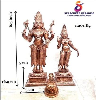 Searchers Paradise - Copper Idols  God Shiva with Goddess Parvathi with Nandhi, 6 inches, Copper Handmade 1200 Grams, Patina Antique Finish, Pack of 1 Piece