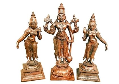 Searchers Paradise - Copper Idols Srinivasa Perumal with Sridevi and bhudevi, inches, Copper Handmade 710  Grams, Patina Antique Finish, Pack of 1 Piece